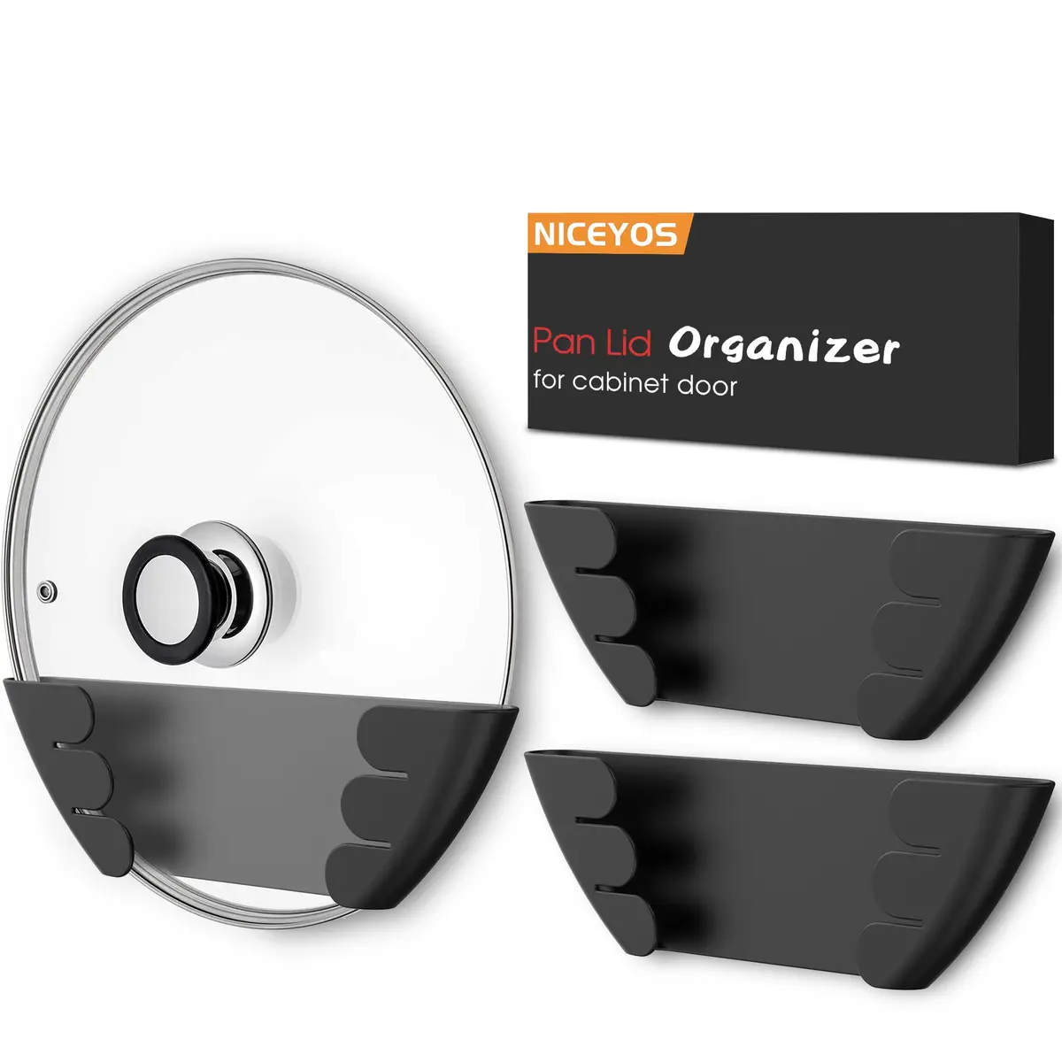 Niceyos Universal Pot Lid Organizer 3 Pack | Wall Mount Kitchen Storage Rack Fits 6" to 13" - main product image