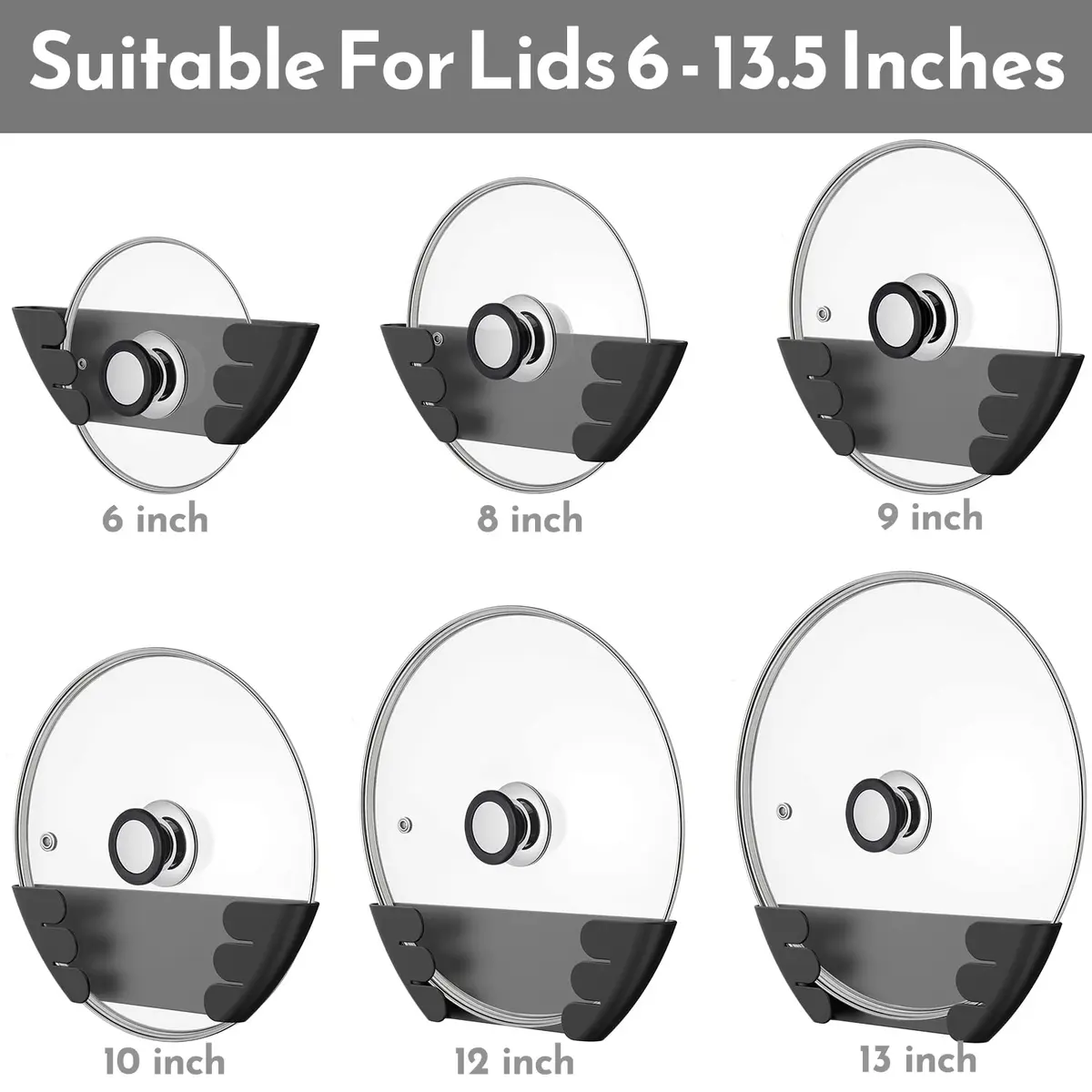 Niceyos Universal Pot Lid Organizer 3 Pack | Wall Mount Kitchen Storage Rack Fits 6" to 13" - view 2