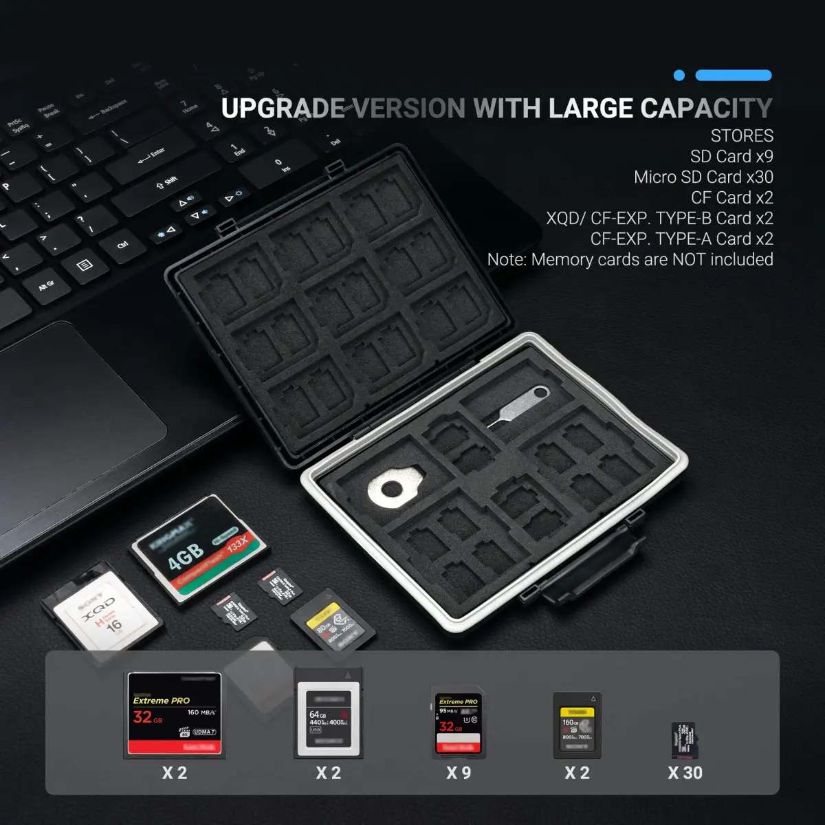 JJC 45-Slot Memory Card Case Holder | 12 SD + 30 Micro SD + 2 CF + 2 XQD/CFexpress Type B + 2 CFexpress Type A | Black - view 6