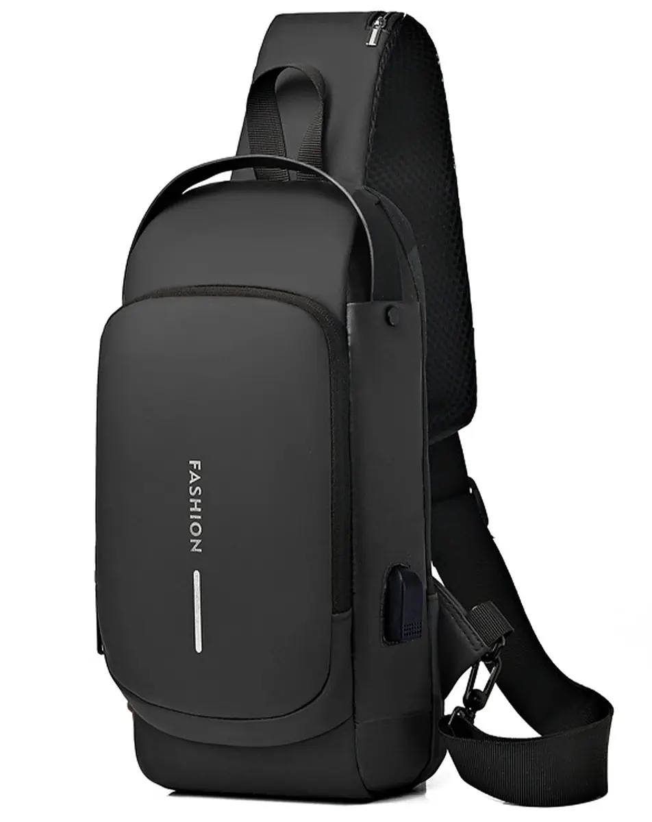 Geanbun Black Sling Bag for Men | Water Resistant Crossbody Backpack with USB Charging Port & Anti-Theft Lock (22cm x 7cm x 35cm) - main product image