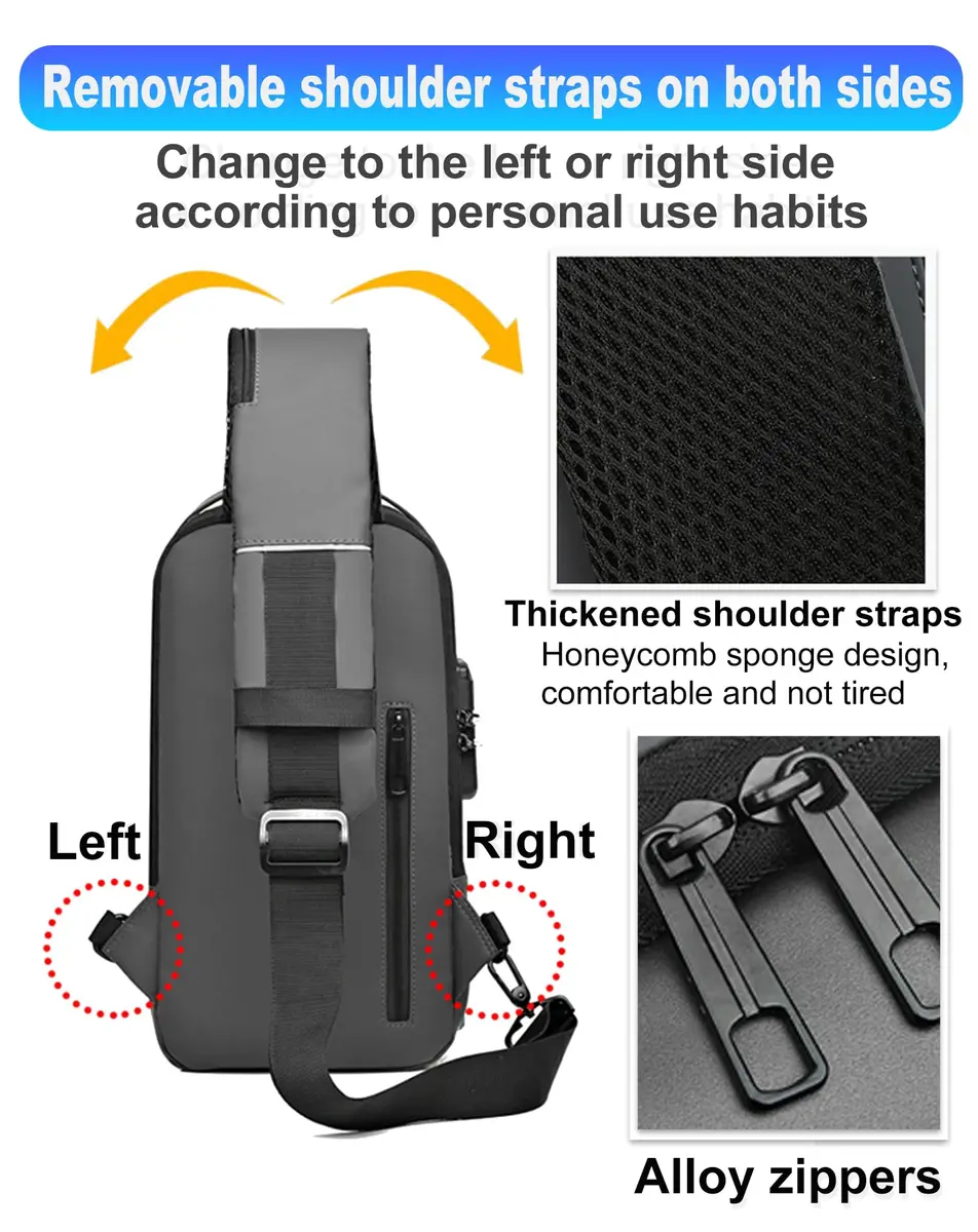 Geanbun Black Sling Bag for Men | Water Resistant Crossbody Backpack with USB Charging Port & Anti-Theft Lock (22cm x 7cm x 35cm) - view 6