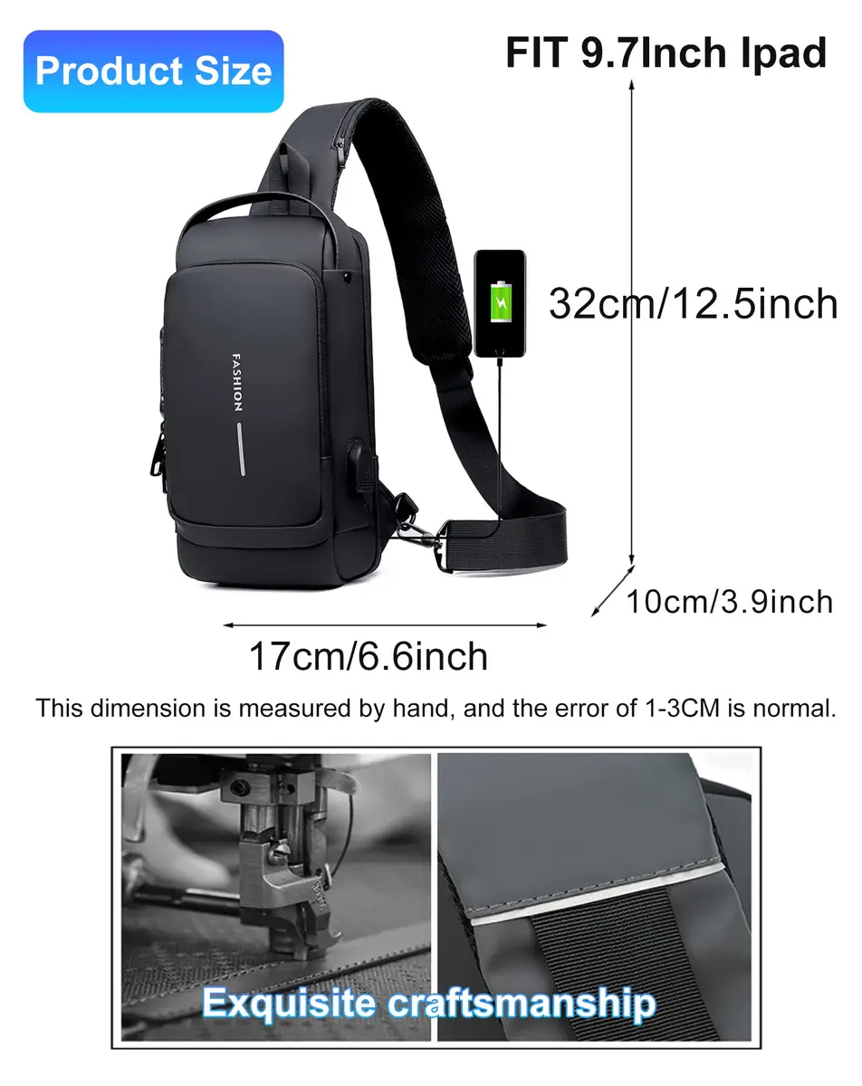 Geanbun Black Sling Bag for Men | Water Resistant Crossbody Backpack with USB Charging Port & Anti-Theft Lock (22cm x 7cm x 35cm) - view 7