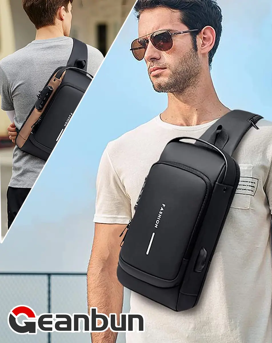 Geanbun Black Sling Bag for Men | Water Resistant Crossbody Backpack with USB Charging Port & Anti-Theft Lock (22cm x 7cm x 35cm) - view 8