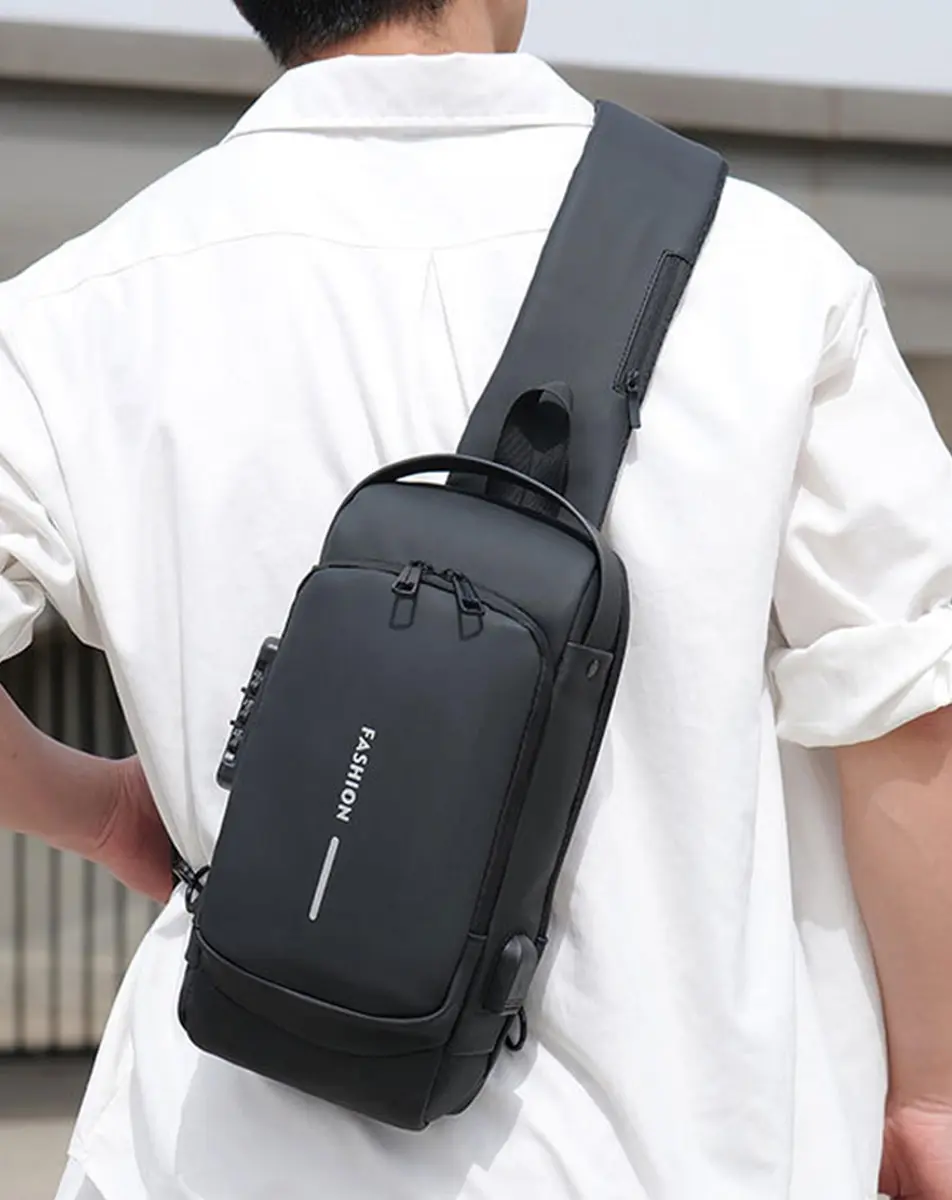Geanbun Black Sling Bag for Men | Water Resistant Crossbody Backpack with USB Charging Port & Anti-Theft Lock (22cm x 7cm x 35cm) - view 3