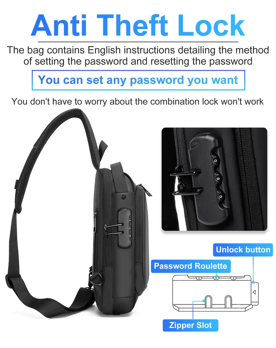 Geanbun Black Sling Bag for Men | Water Resistant Crossbody Backpack with USB Charging Port & Anti-Theft Lock (22cm x 7cm x 35cm) - view 4