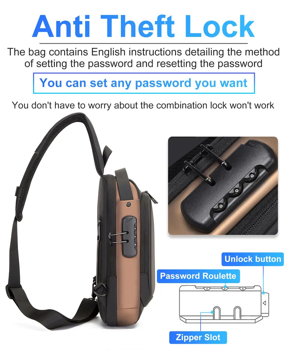 Geanbun Sling Bag for Men, Brown, 22cm x 7cm x 35cm (8.6" x 3.2" x 13.7") | Anti-Theft USB Crossbody Backpack - view 4