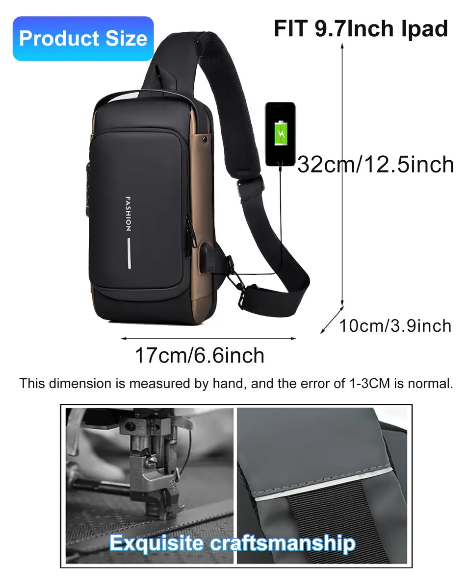 Geanbun Sling Bag for Men, Brown, 22cm x 7cm x 35cm (8.6" x 3.2" x 13.7") | Anti-Theft USB Crossbody Backpack - view 7