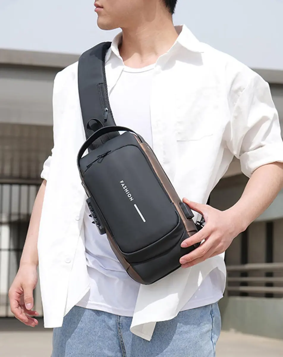 Geanbun Sling Bag for Men, Brown, 22cm x 7cm x 35cm (8.6" x 3.2" x 13.7") | Anti-Theft USB Crossbody Backpack - view 3