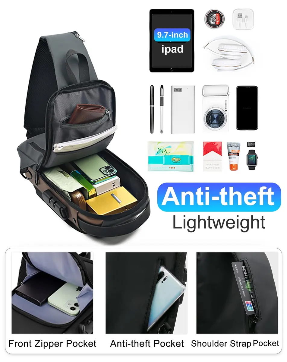 Geanbun Men's Sling Bag Grey | Water-Resistant Anti-Theft USB Crossbody Backpack 22cm (8.6") - view 5