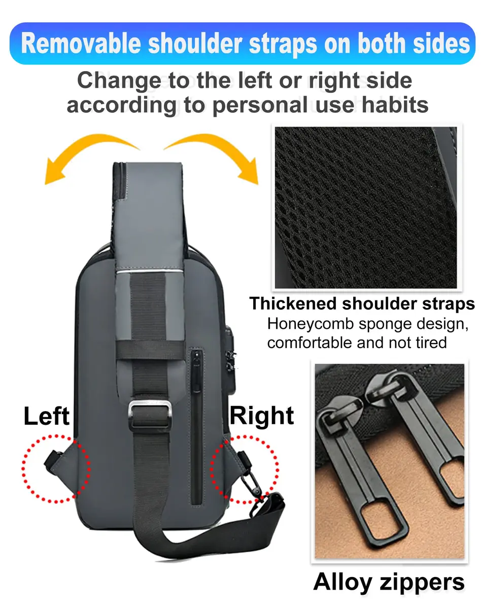 Geanbun Men's Sling Bag Grey | Water-Resistant Anti-Theft USB Crossbody Backpack 22cm (8.6") - view 6