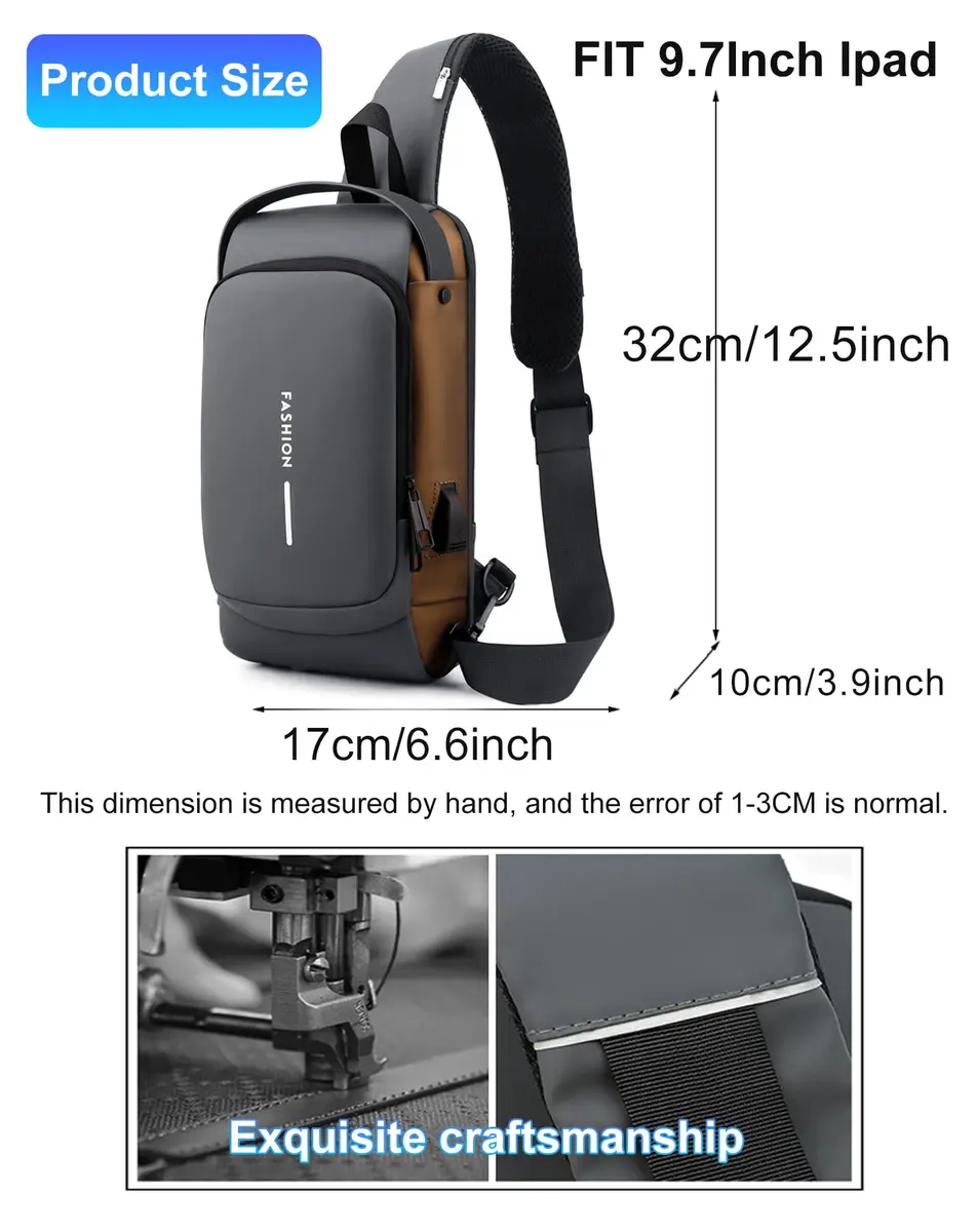 Geanbun Men's Sling Bag Grey | Water-Resistant Anti-Theft USB Crossbody Backpack 22cm (8.6") - view 7
