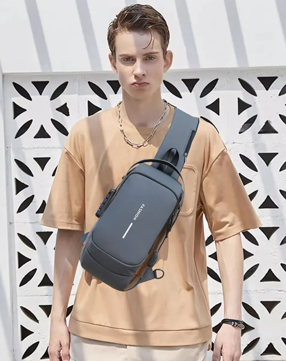 Geanbun Men's Sling Bag Grey | Water-Resistant Anti-Theft USB Crossbody Backpack 22cm (8.6") - view 8