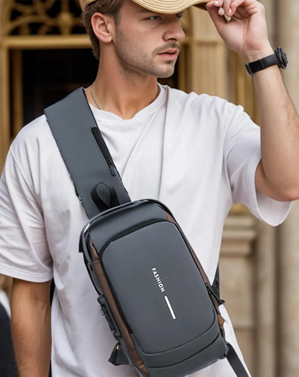 Geanbun Men's Sling Bag Grey | Water-Resistant Anti-Theft USB Crossbody Backpack 22cm (8.6") - view 2