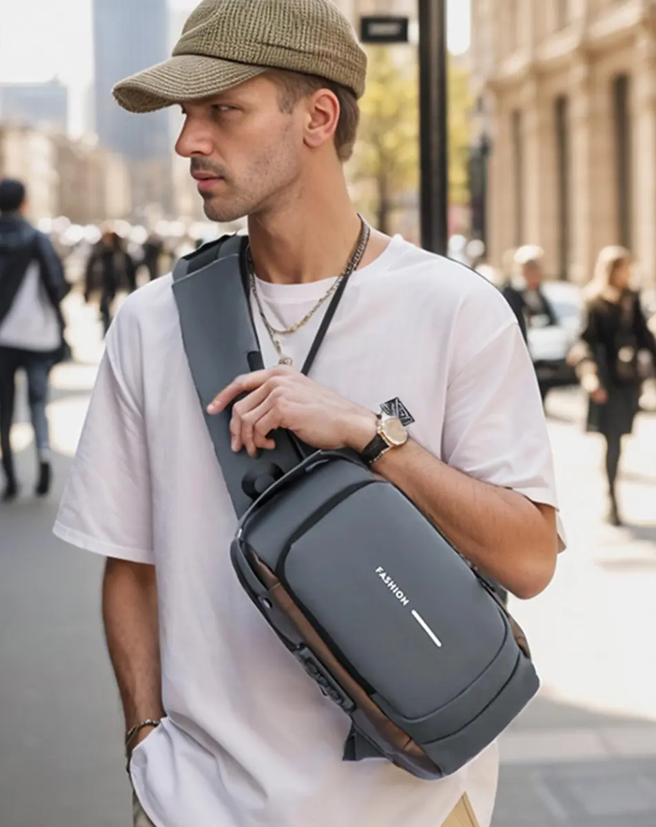 Geanbun Men's Sling Bag Grey | Water-Resistant Anti-Theft USB Crossbody Backpack 22cm (8.6") - view 3