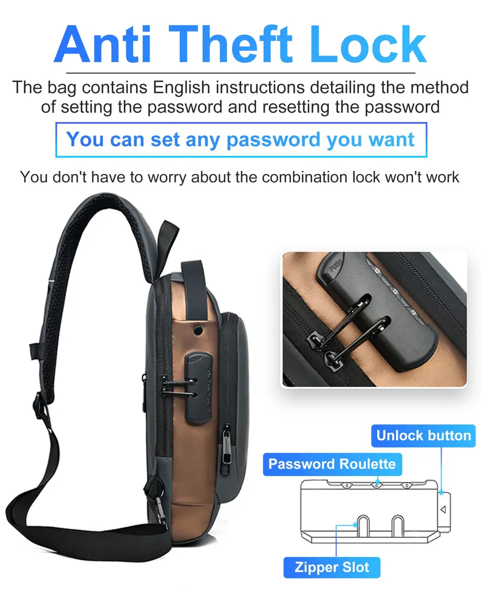 Geanbun Men's Sling Bag Grey | Water-Resistant Anti-Theft USB Crossbody Backpack 22cm (8.6") - view 4