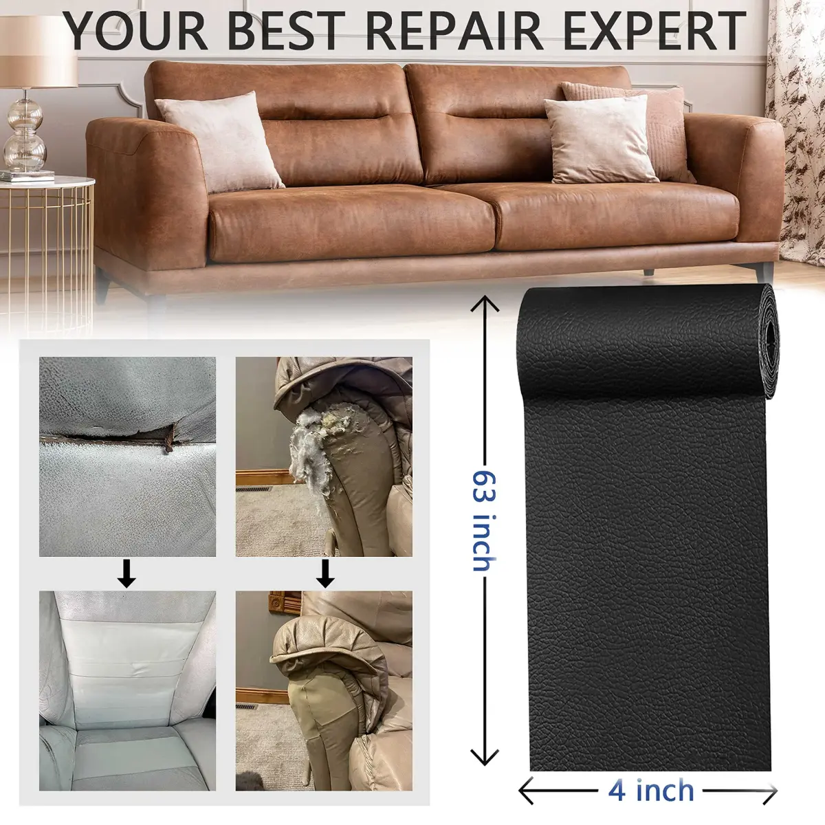 YAFLC Self Adhesive Leather Repair Patch 160cm x 10.2cm (63" x 4") | Quick Fix for Furniture & Car Seats - view 6