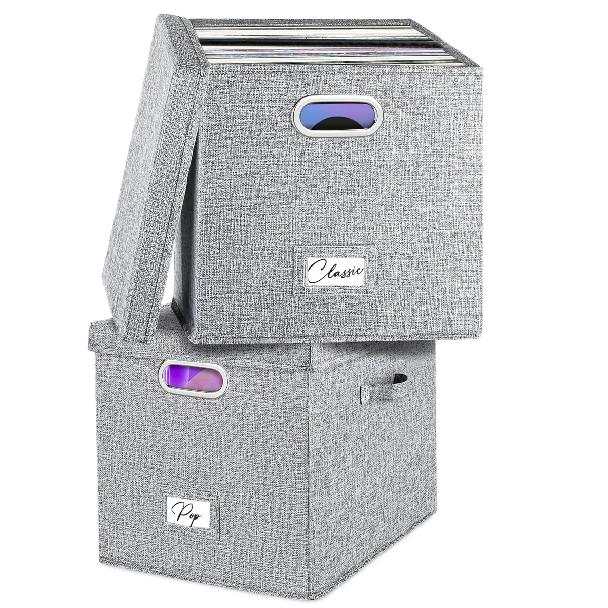 Woodoulogy Vinyl Record Storage Box 13" Cube Grey Linen | Space-Saving, Collapsible, Protects 50+ LPs - main product image
