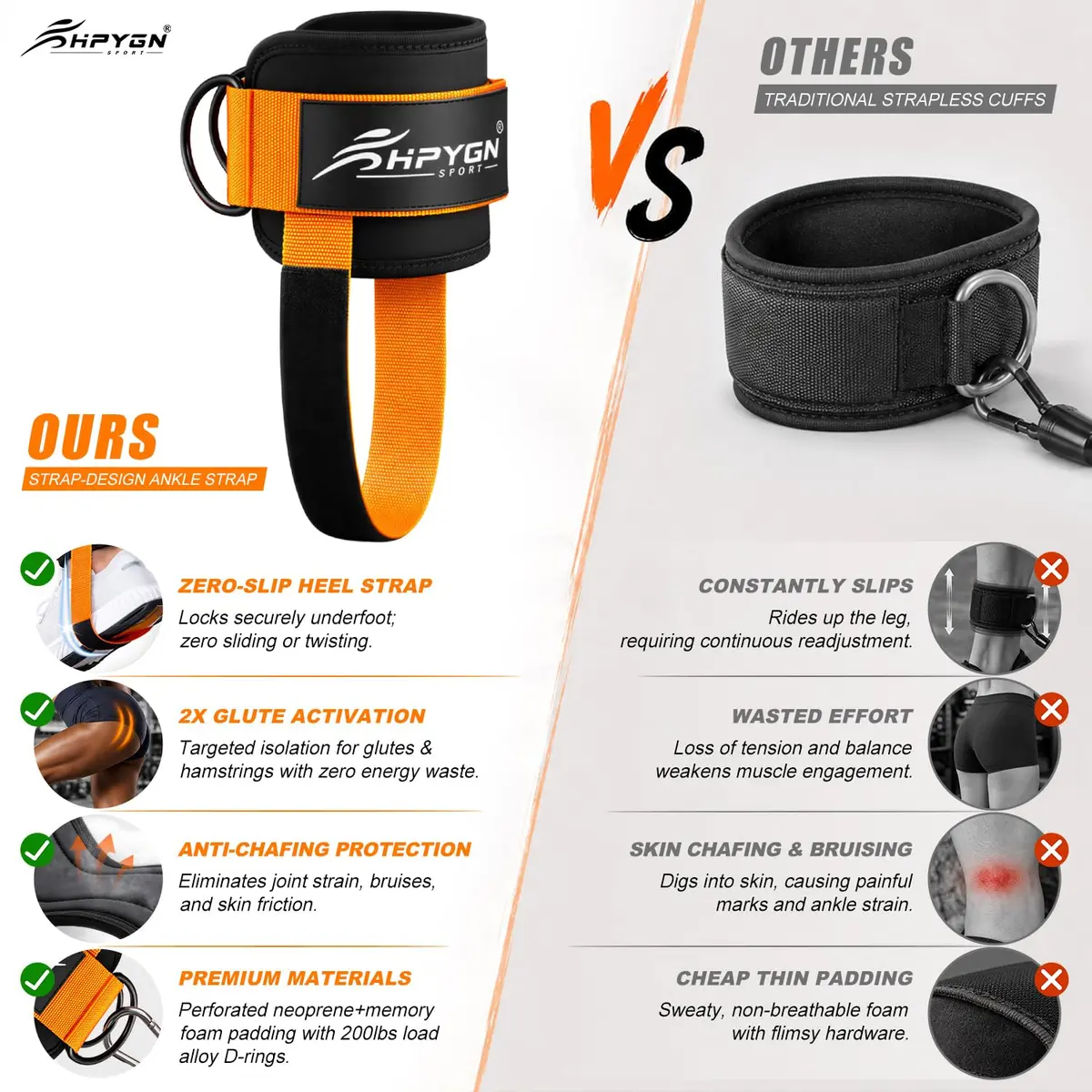HPYGN Padded Ankle Strap for Cable Machine with Extra Strap & Carabiner, Orange (Pair) | Secure Glute & Leg Workouts - view 4