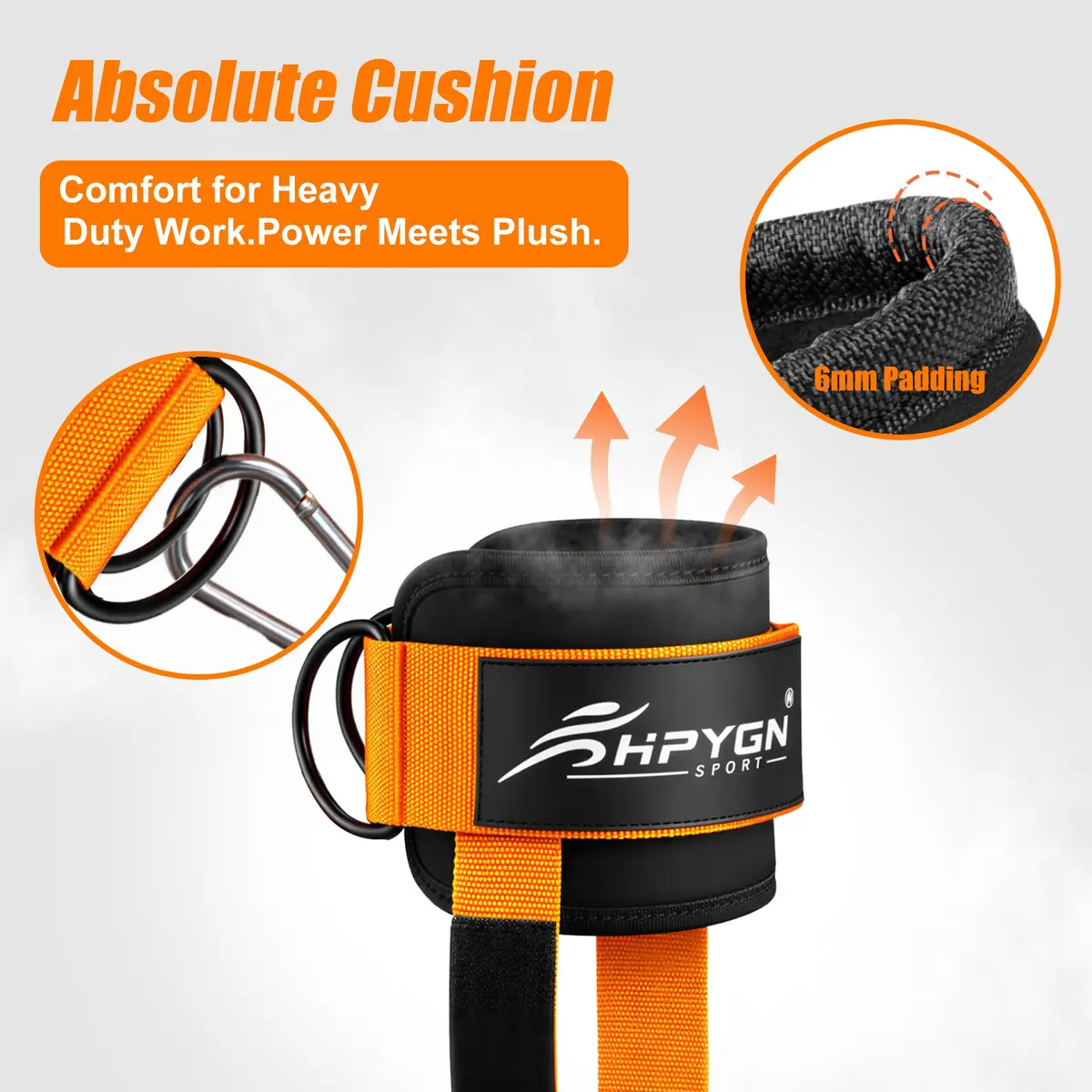 HPYGN Padded Ankle Strap for Cable Machine with Extra Strap & Carabiner, Orange (Pair) | Secure Glute & Leg Workouts - view 6