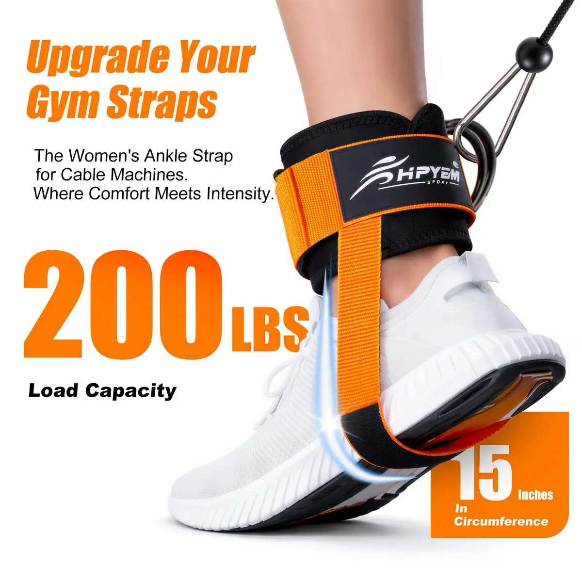 HPYGN Padded Ankle Strap for Cable Machine with Extra Strap & Carabiner, Orange (Pair) | Secure Glute & Leg Workouts - view 2