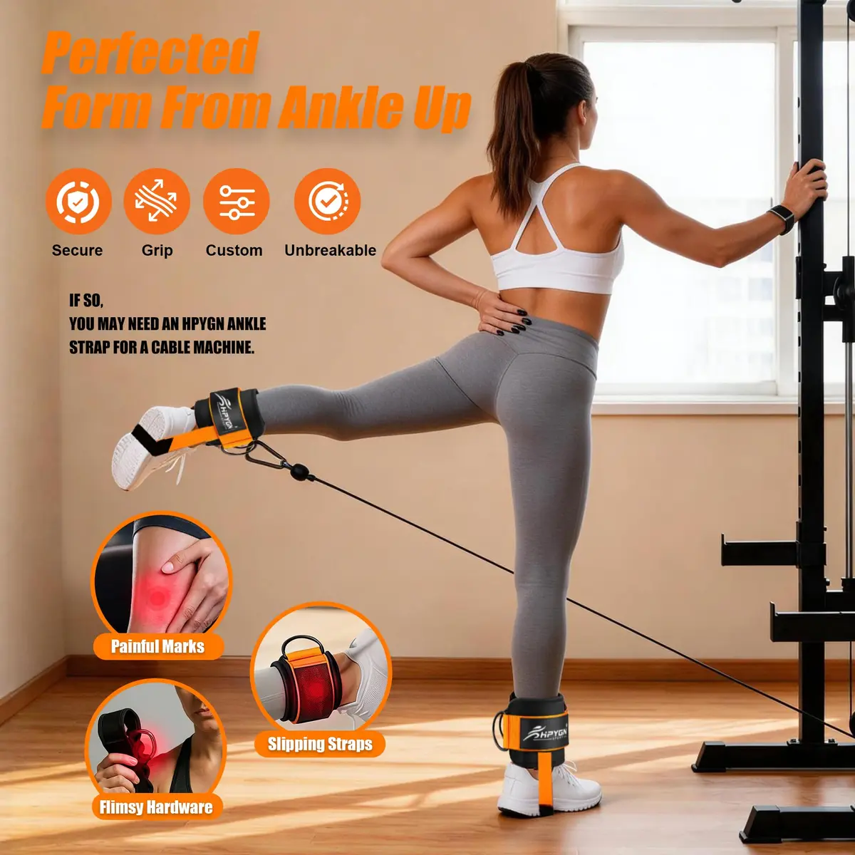 HPYGN Padded Ankle Strap for Cable Machine with Extra Strap & Carabiner, Orange (Pair) | Secure Glute & Leg Workouts - view 3
