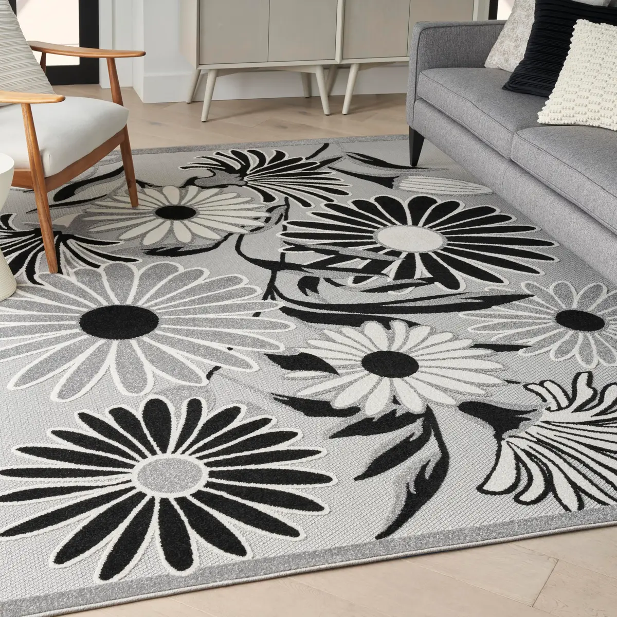 Nourison Aloha Black White 9' x 12' Area Rug | Easy Clean, Non Shedding, Indoor & Outdoor Use - view 5