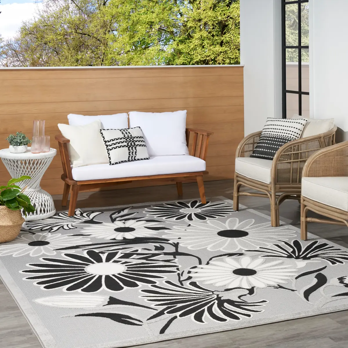 Nourison Aloha Black White 9' x 12' Area Rug | Easy Clean, Non Shedding, Indoor & Outdoor Use - view 3