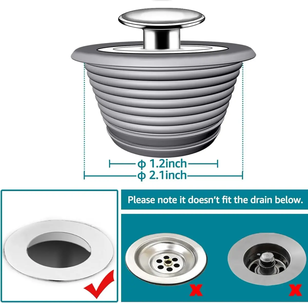 VIPMORE Universal Bathtub Drain Stopper, Sink & Tub Stopper, Bathroom Drain Plug 5.1cm (2 inch) | Watertight Seal for Drains 2.8cm-5.1cm - view 7