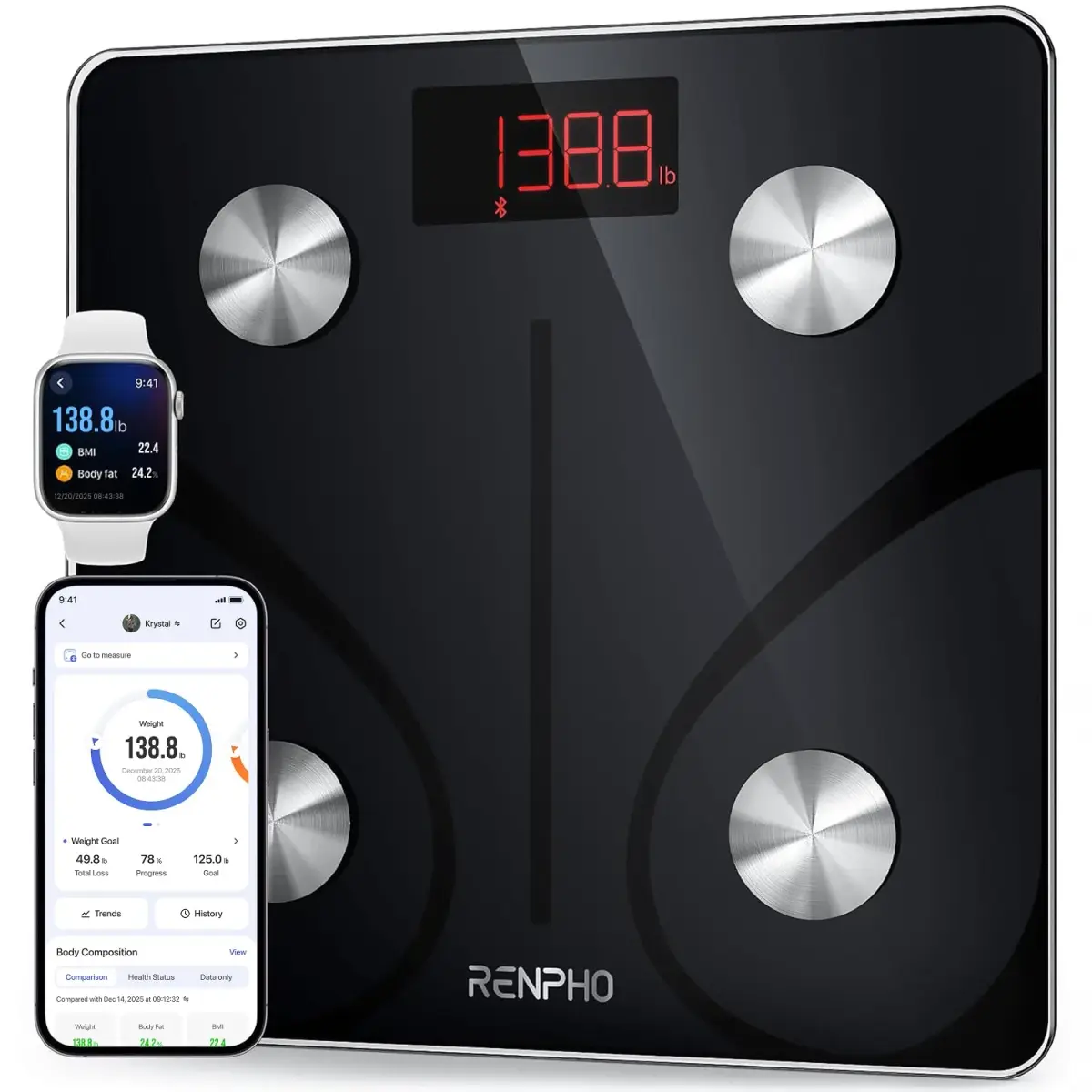 RENPHO Smart Bathroom Scale with Ultra Wide Platform 12 x 12 inches | FDA Approved, 500 lbs Capacity - main product image