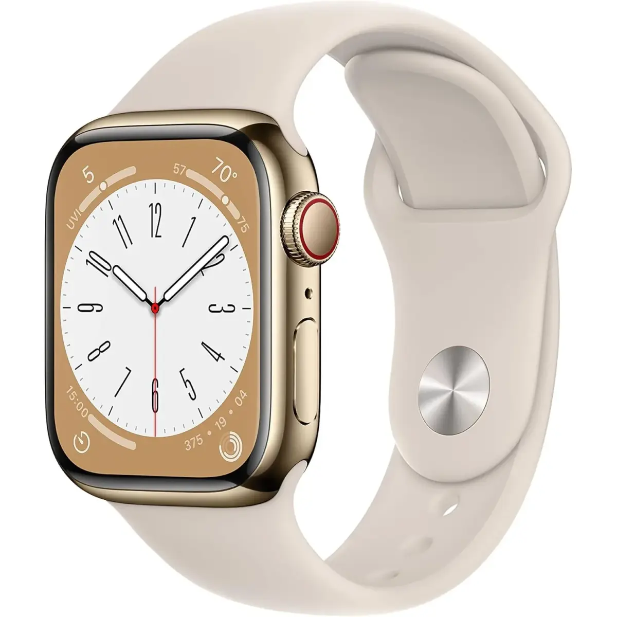 Apple Watch Series 8 (GPS + Cellular, 41MM) Gold Stainless Steel Case with Starlight Sport Band - S/M | Advanced Health & Safety Features - main product image