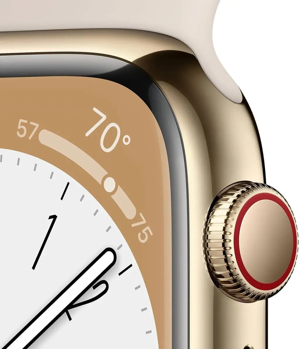 Apple Watch Series 8 (GPS + Cellular, 41MM) Gold Stainless Steel Case with Starlight Sport Band - S/M | Advanced Health & Safety Features - view 3