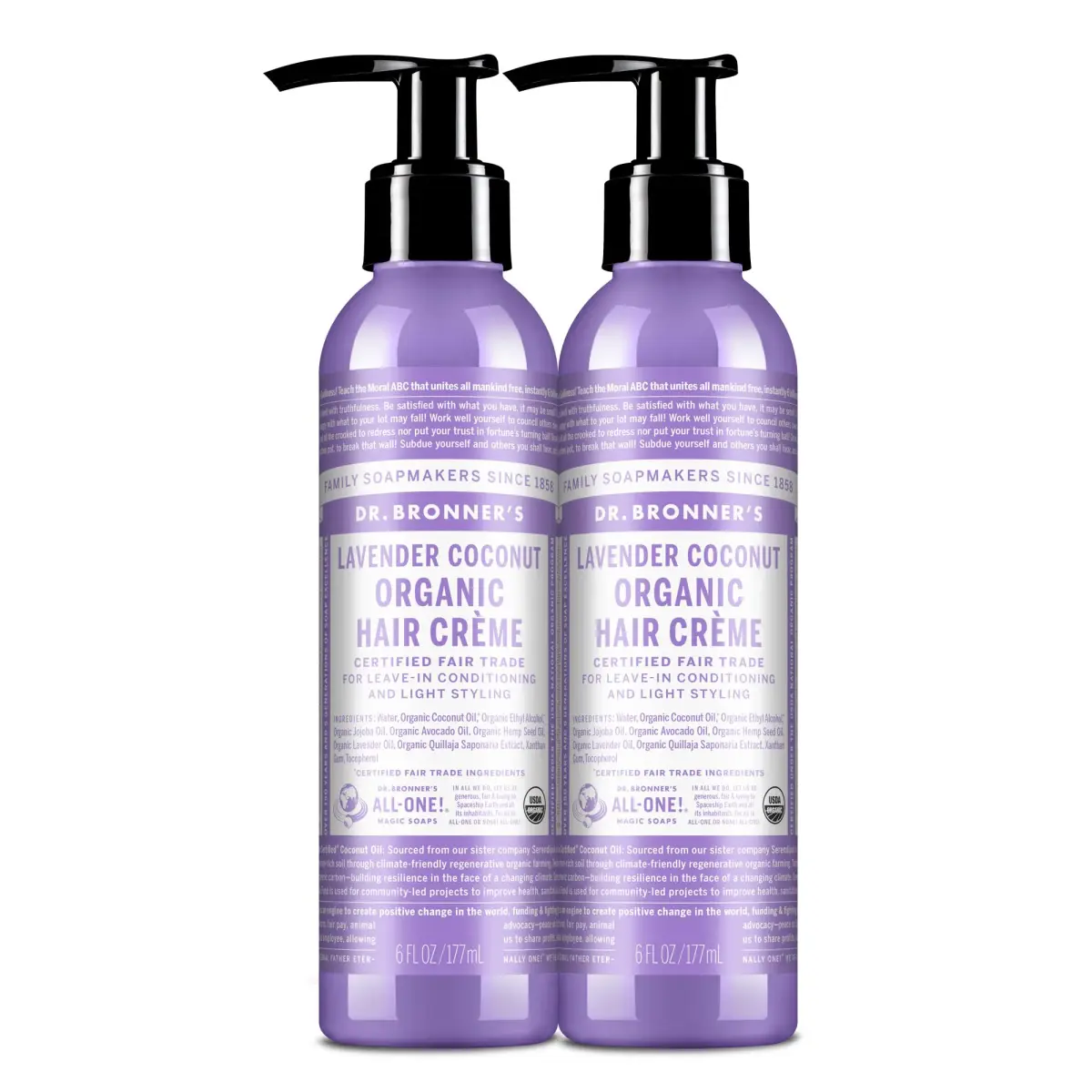 Dr. Bronner's Organic Hair Crème Lavender Coconut Leave-In Conditioner 354ml (12 Fl Oz) | USDA Organic & Fair Trade Ingredients - main product image
