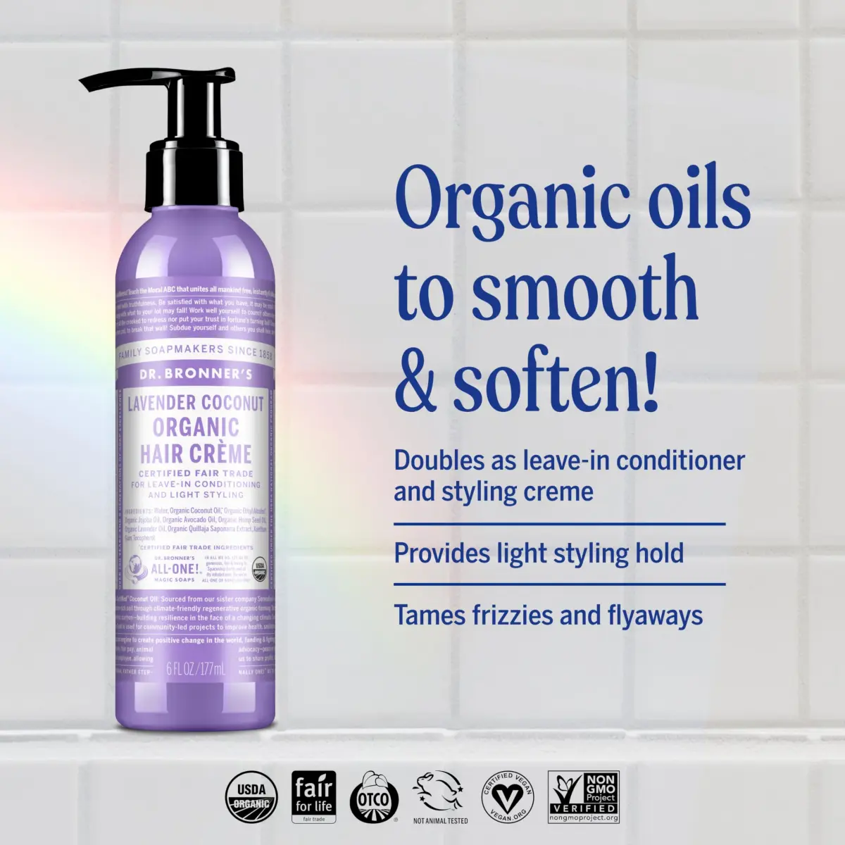 Dr. Bronner's Organic Hair Crème Lavender Coconut Leave-In Conditioner 354ml (12 Fl Oz) | USDA Organic & Fair Trade Ingredients - view 2