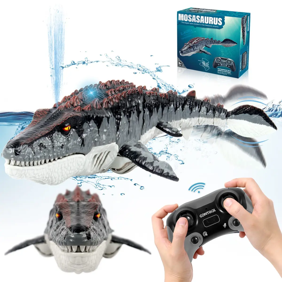 fromeasy RC Mosasaurus Dinosaur Toy Water Control | Water Spray & Light Fun (100-120 chars) - main product image