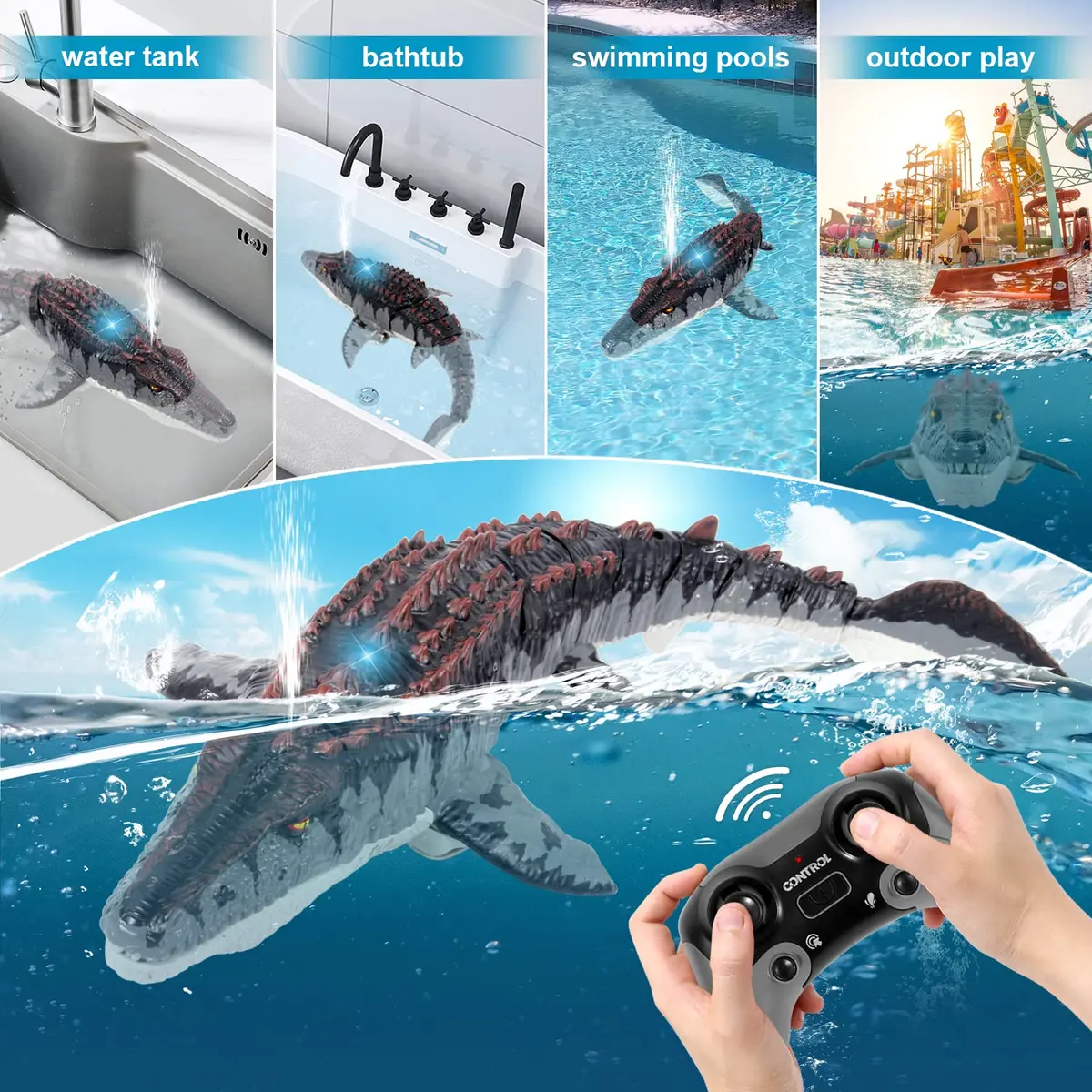 fromeasy RC Mosasaurus Dinosaur Toy Water Control | Water Spray & Light Fun (100-120 chars) - view 2