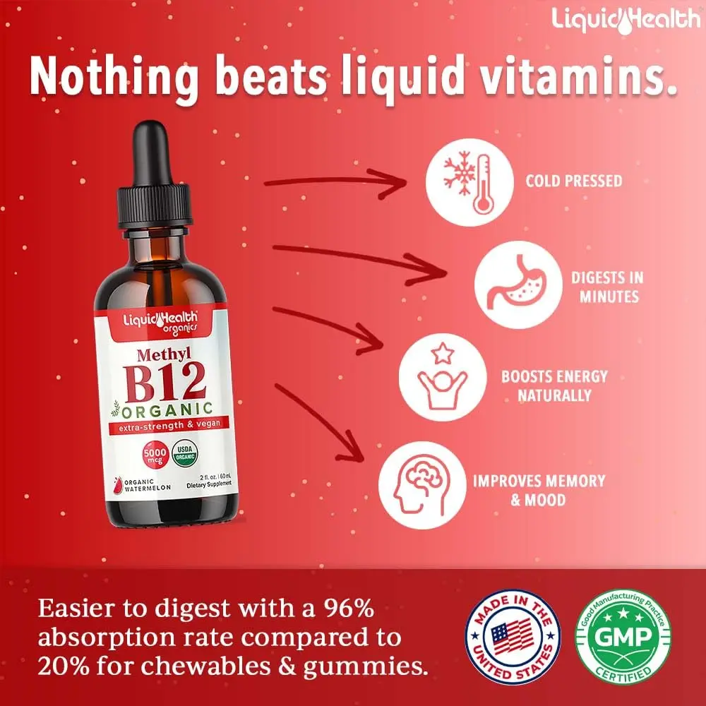 LIQUIDHEALTH USDA Organic Methyl B12 Liquid Drops 2 Fl Oz (60ml) | Boost Energy & Memory - view 2