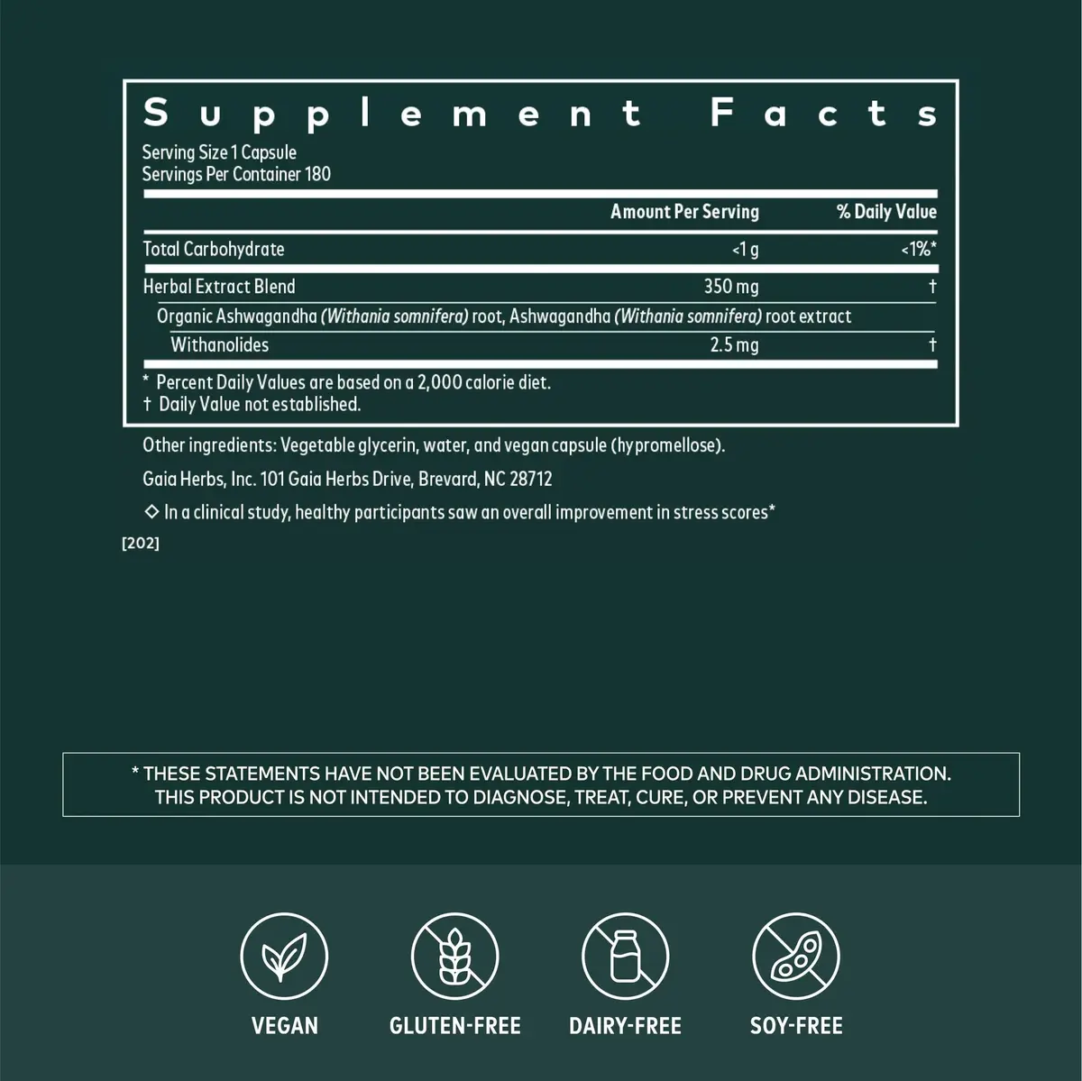 Gaia Herbs Ashwagandha Root 350 mg Vegan Capsules | 90 Servings (180 Count) - view 2
