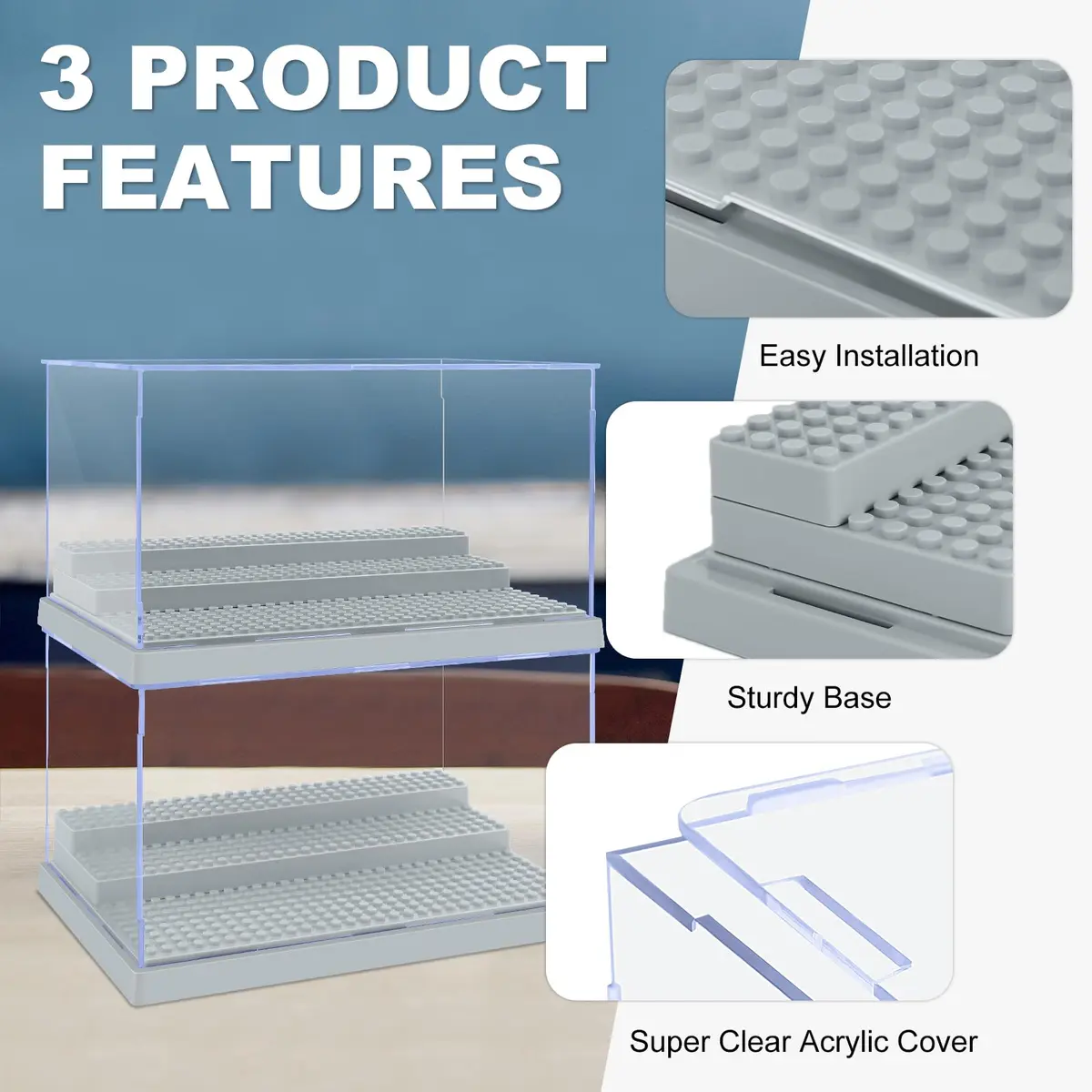 Pokiiulk 2 Pack Display Enclosure for Minifigures 25.4cm (10in) | Acrylic Storage with 3 Movable Steps for Kids & Adults - view 3