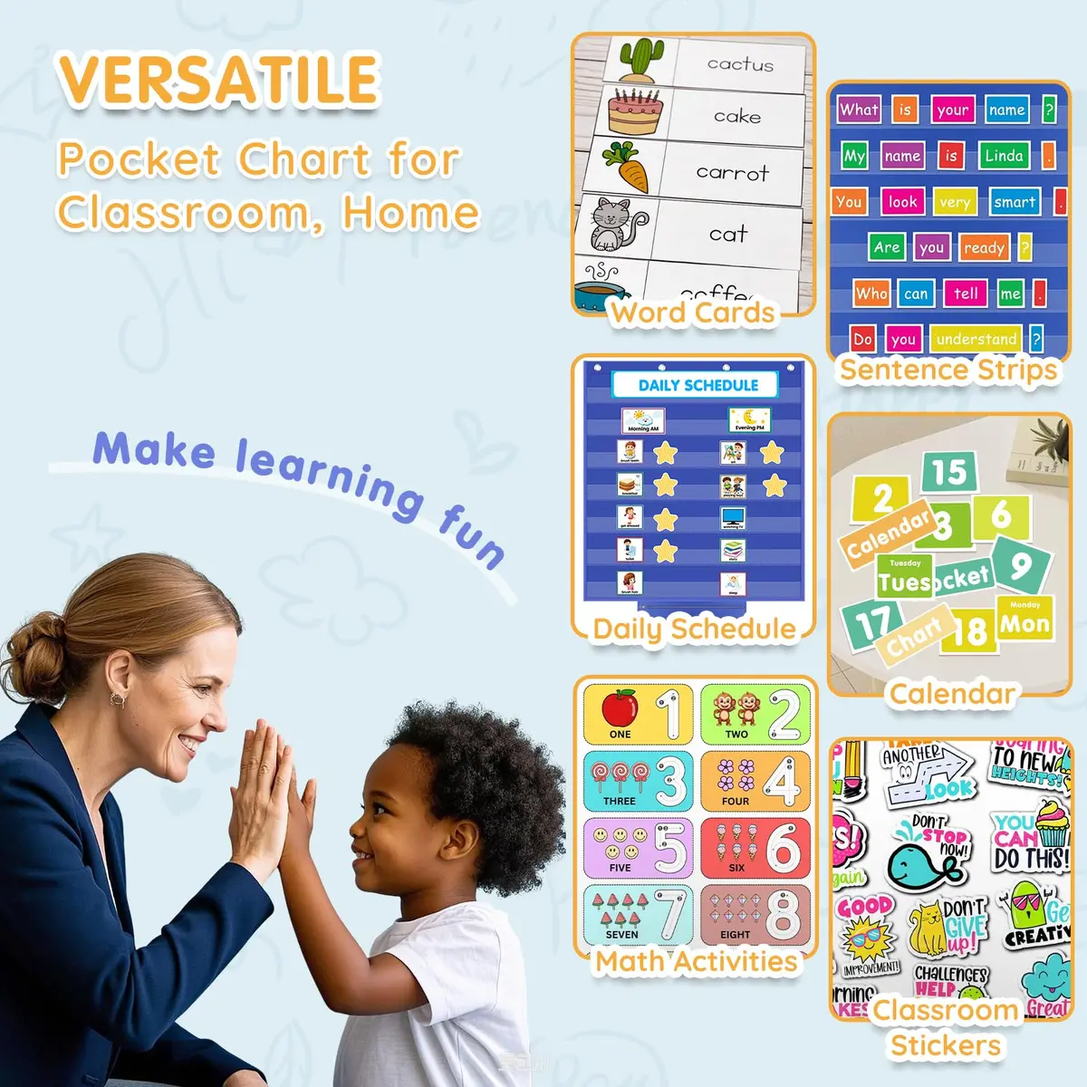 ALSLEA Standard Pocket Chart with Zipper Storage Bag 71cm x 71cm (28"x28") | Teacher Essential for Classroom Learning - view 8