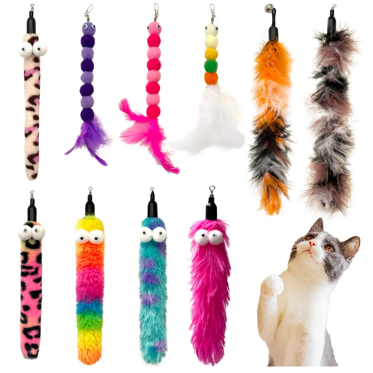 AcceLeah Cat Worm Toy Refills for Fishing Pole Wand Attachments, 10Pcs Cat Worms and Dragonfly Teaser Refills - main product image