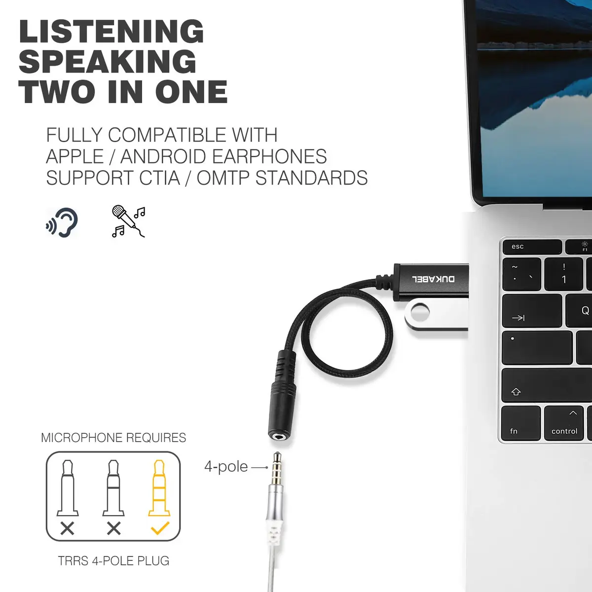 DUKABEL USB to 3.5mm Jack Audio Adapter Cable 1.2M | Stereo Sound with TRRS Mic Support for PC, PS4, PS5 - view 4