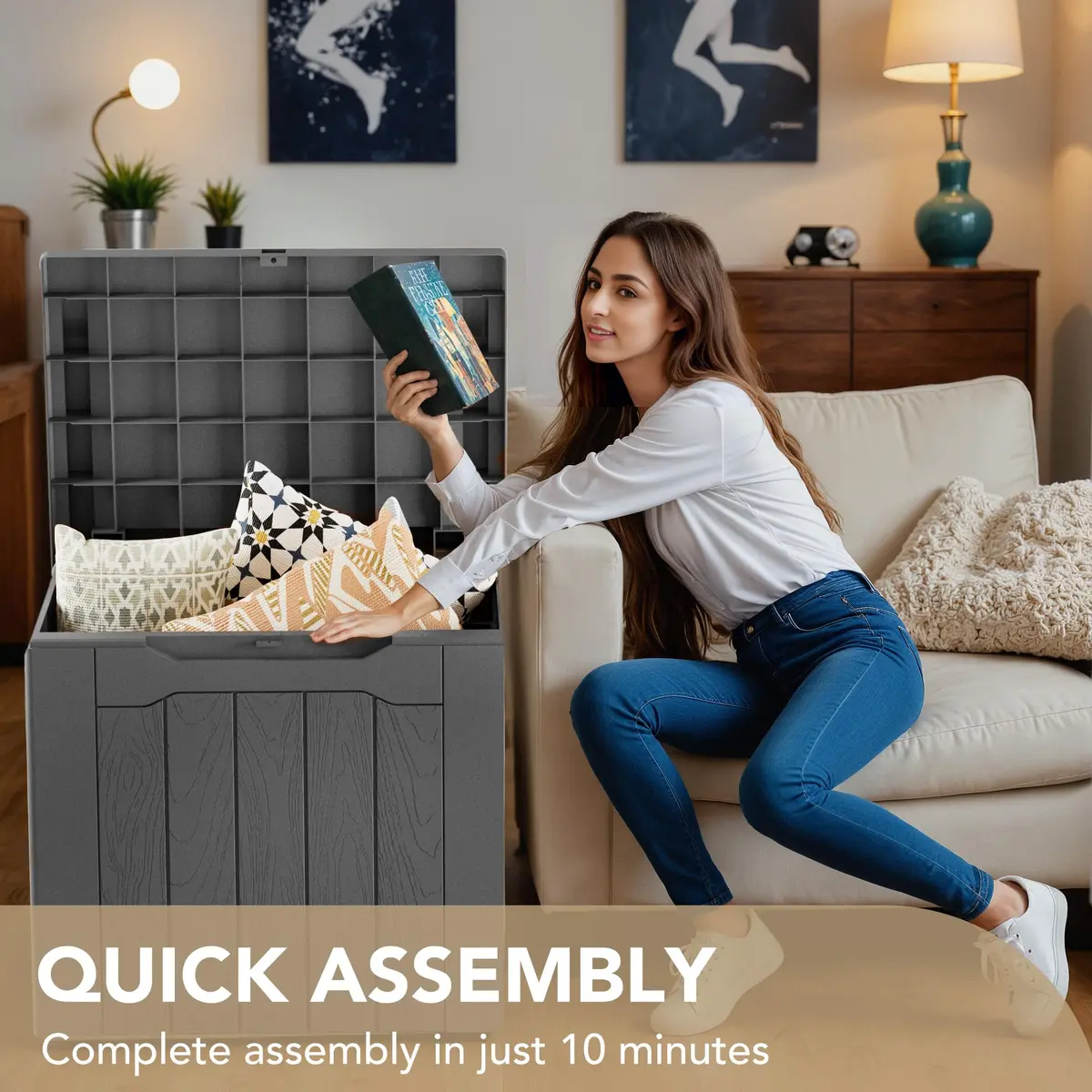 Devoko 30 Gallon Resin Deck Box Waterproof Outdoor Indoor Grey | Garden Storage Bench - view 3