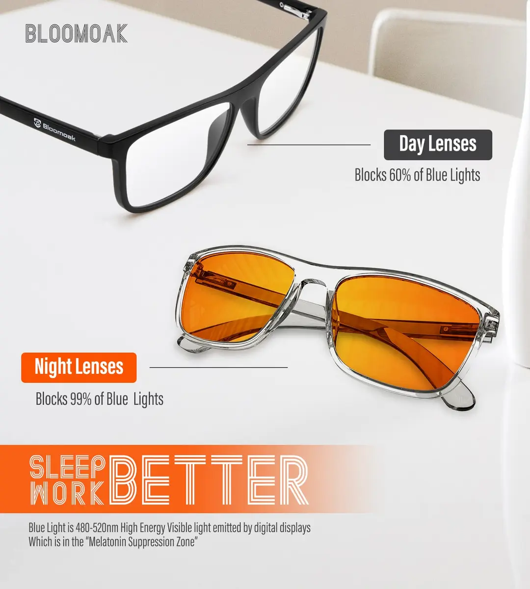 Bloomoak 99% Blue Light Blocking Glasses - Amber Lens - 145mm Arm - Standard Size | Blocks 100% Harmful Blue Light - view 2