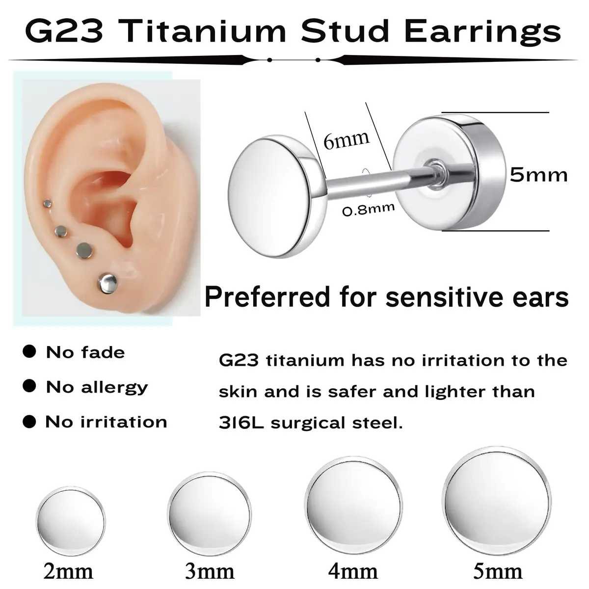 MJust Small Titanium Earrings for Women G23 Titanium Stud Earrings for Sensitive Ears Dot Ball Cubic Zirconia Hypoallergenic 20G Flat Back Earrings - view 3