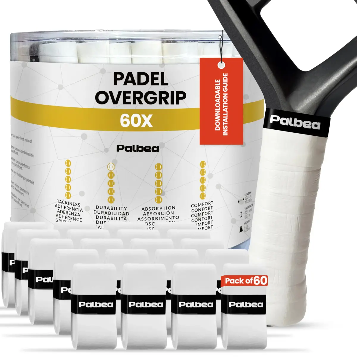 Palbea Padel Racket Grip Tape 60-Pack White | Sweat-Absorbent, Non-Slip, Enhanced Comfort - main product image