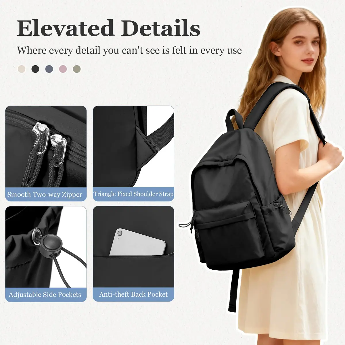 WEPOET Black Backpack For College Women, Middle High School Bag For Girls Bookbag | Water Resistant Nylon Daypack - view 5