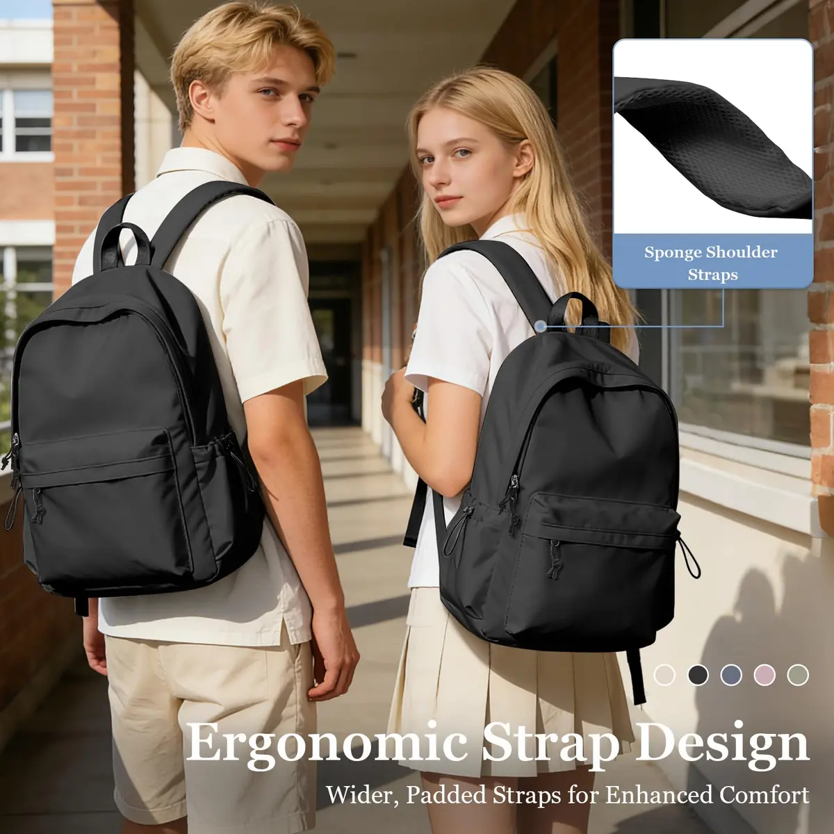 WEPOET Black Backpack For College Women, Middle High School Bag For Girls Bookbag | Water Resistant Nylon Daypack - view 6