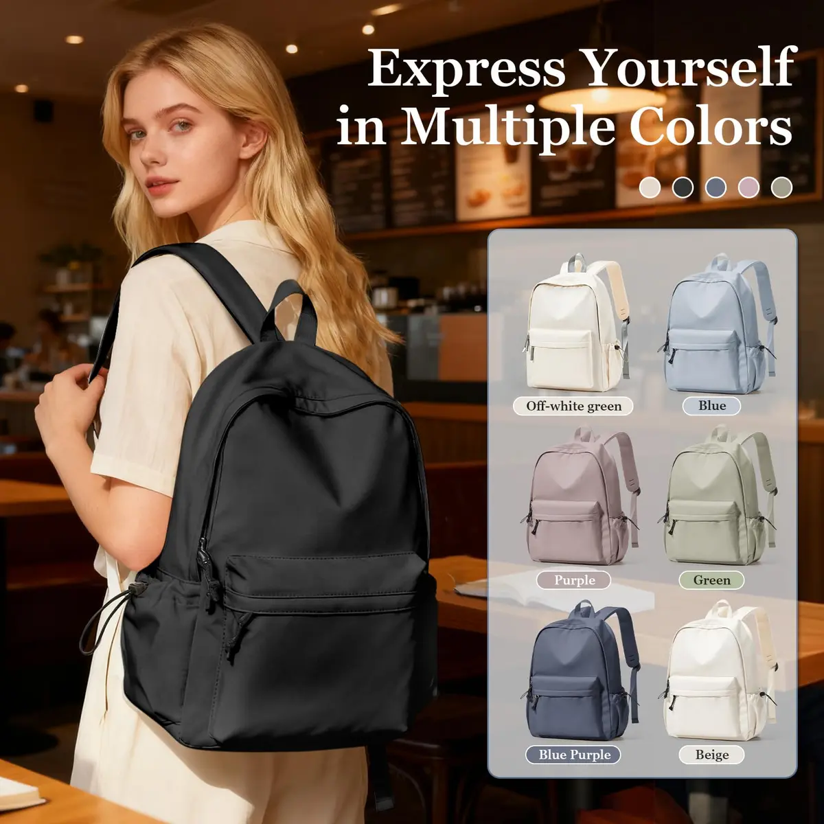 WEPOET Black Backpack For College Women, Middle High School Bag For Girls Bookbag | Water Resistant Nylon Daypack - view 8