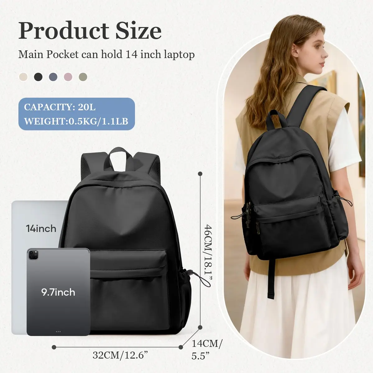 WEPOET Black Backpack For College Women, Middle High School Bag For Girls Bookbag | Water Resistant Nylon Daypack - view 2