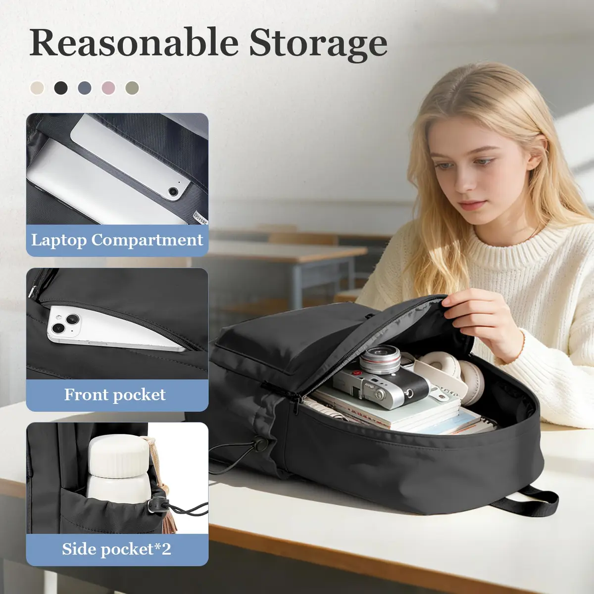 WEPOET Black Backpack For College Women, Middle High School Bag For Girls Bookbag | Water Resistant Nylon Daypack - view 3